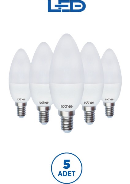 RTL02101-5 Rother LED Mum Avize Ampul 6W E14 470Lümen 6000K Beyaz Işık Enerji Tasarruflu Ampul 5Adet