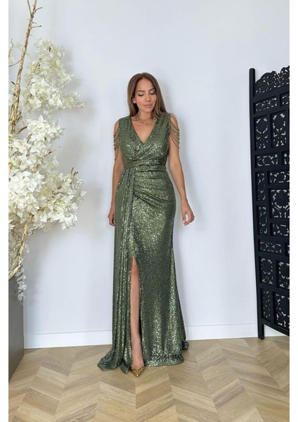 G1516 Kol Detaylı Payet Maksi Abiye Elbise Haki