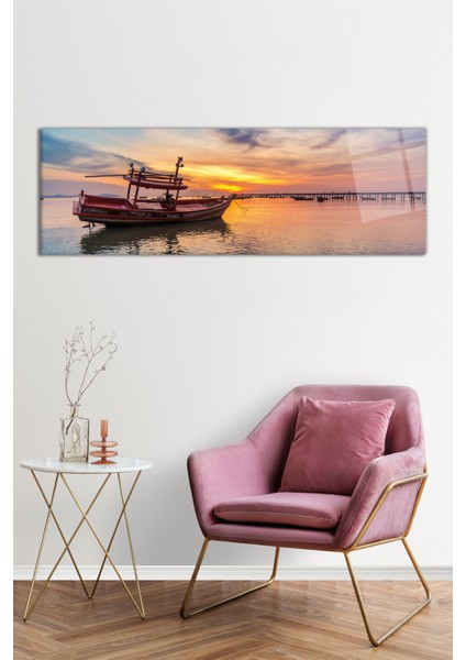 Gün Batımlı Tekne Deniz Manzarası Panoramik Cam Tablo, Darbelere Dayanıklı Kırılmaz Cam, Hediyelik fiyatları