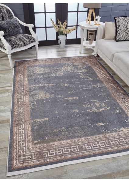 Kolhapur Gri Çerçeveli Etnik Modern Desenli Makinada Yıkanabilir Hav Toz Vermez Leke Tutmayan Kaymaz Taban Dijital Makine Baskı Salon Yolluk Mutfak Halı fırsatları