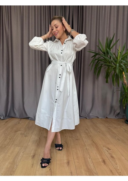 Siyah Düğme Dikiş Detaylı Ekru Elbise modelleri