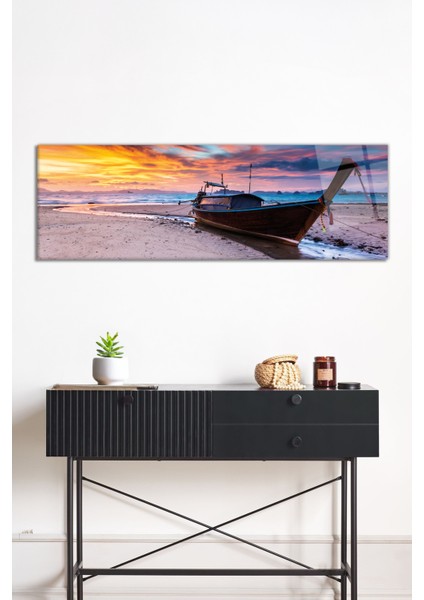 Tekne ve Rengarenk Gökyüzü Manzarası Panoramik Cam Tablo, Darbelere Dayanıklı Kırılmaz Cam Hediyelik