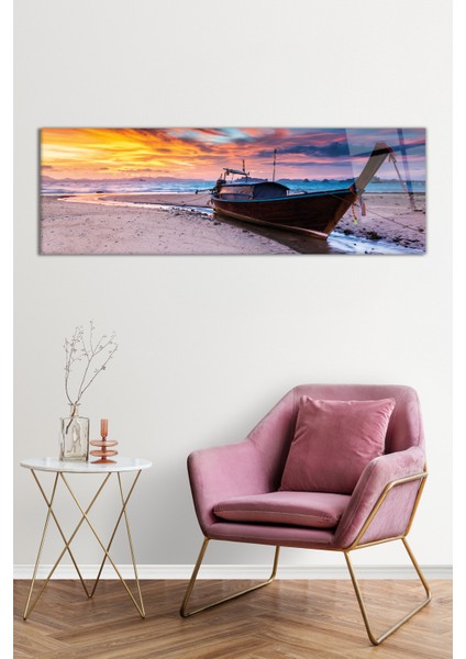 Tekne ve Rengarenk Gökyüzü Manzarası Panoramik Cam Tablo, Darbelere Dayanıklı Kırılmaz Cam Hediyelik fiyatları