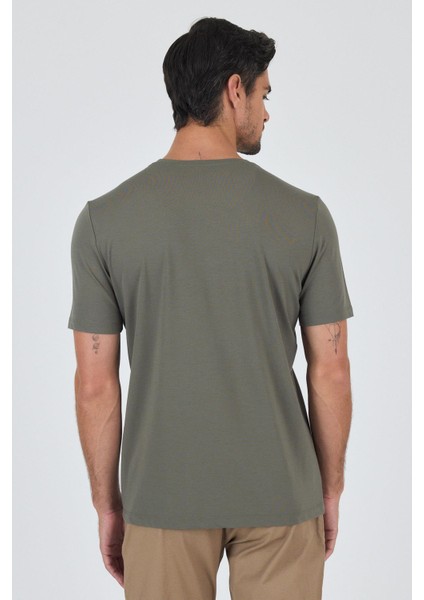 Koyu Haki Kısa Kol Bisiklet Yaka Cepsiz Pamuklu Casual Slim Fit Tişört 1011250165 indirimleri