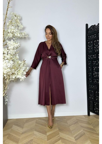 G1515 V Yaka Saten Tasarım Elbise Mürdüm