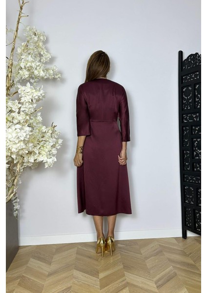 G1515 V Yaka Saten Tasarım Elbise Mürdüm fiyatları