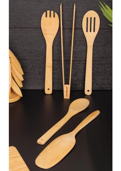 5 Parça Bambu Mutfak Gereçleri Seti – Spatula, Servis Kaşığı ve Maşa