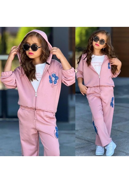 Kız Çocuk 3 Parça Kapüşonlu Sweatshirt & Çiçek Desenli Eşofman Takımı 6431P
