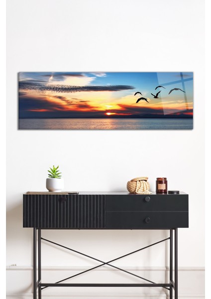 Gün Batımı ve Kuşlar Panoramik Cam Tablo, Darbelere Dayanıklı Kırılmaz Cam, Hediyelik