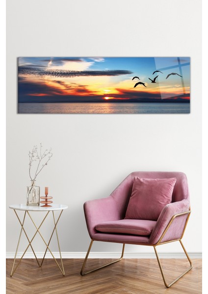 Gün Batımı ve Kuşlar Panoramik Cam Tablo, Darbelere Dayanıklı Kırılmaz Cam, Hediyelik fiyatları