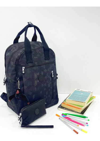 Unisex Suya Dayanıklı Krinkıl Kumaş Sırt Çantası ve Cüzdan Tipi Askılı Kalemlik