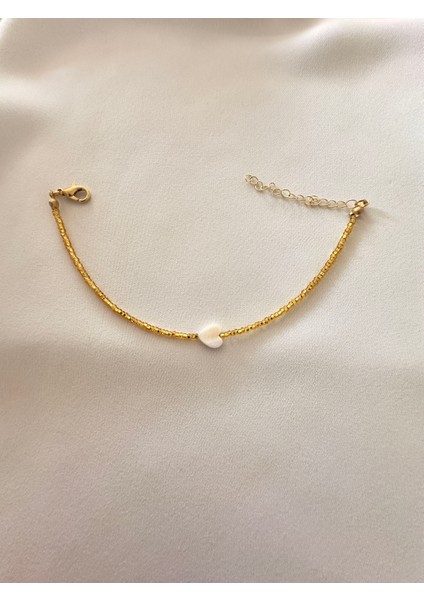 Beyaz Sedef Kalp Altın Renk Boncuk Bileklik fiyatları