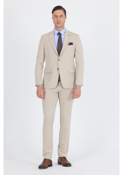 Bej Kırlangıç Yaka Kelebek Astar 6 Drop Slim Fit Beli Lastikli Takım Elbise 1001250176