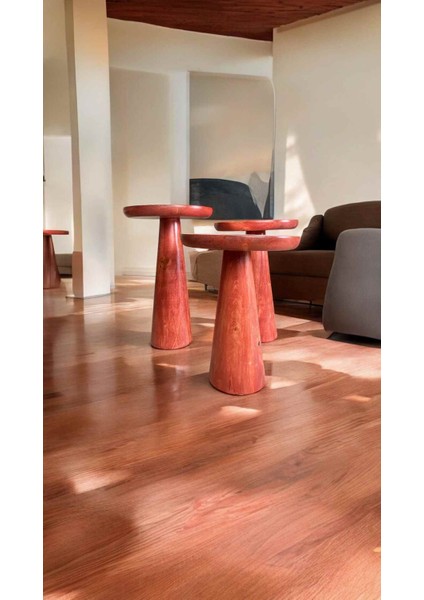 Doğal Masif Ahşap 3’lü Sehpa Takımı – Maun Renk Mantar Zigon Fiskos Sehpa