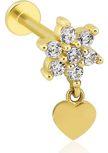 Taşlı Çiçek Ucunda Kalp Tragus Piercing
