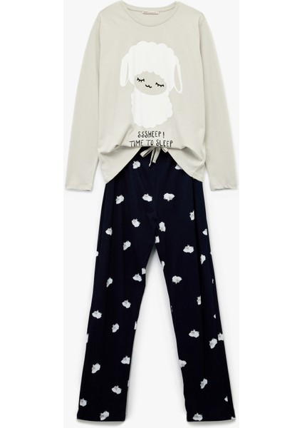 Pamuklu Kuzu Baskılı Uzun Kollu Pijama Takımı