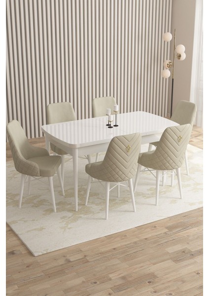 Mazaka Beyaz 80X132 Açılabilir Mdf Masa Yemek Odası Takımı, Mutfak Takımı 6 adet Sandalye