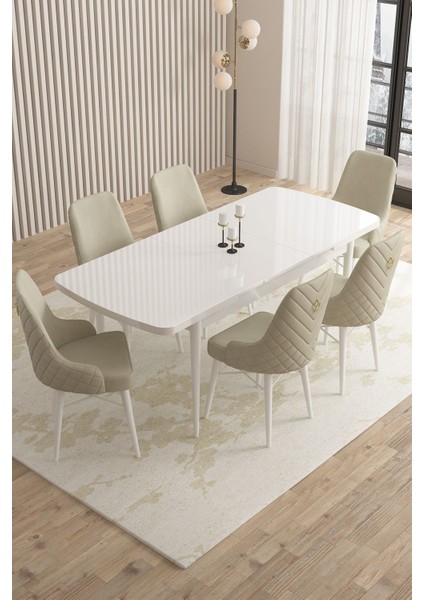 Mazaka Beyaz 80X132 Açılabilir Mdf Masa Yemek Odası Takımı, Mutfak Takımı 6 adet Sandalye fiyatları