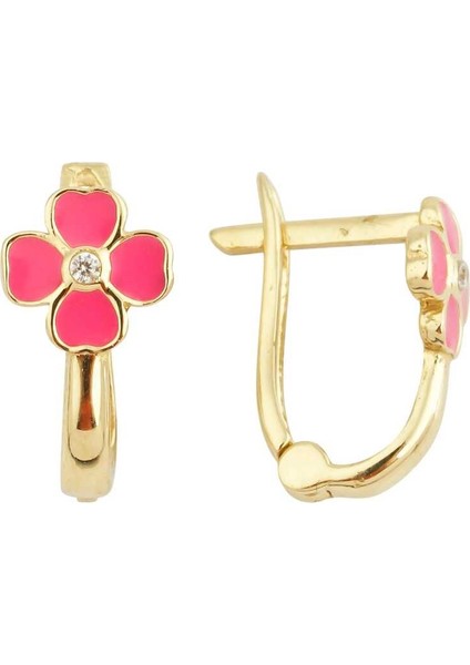 Tek Taşlı Pembe Yonca Çocuk Küpesi