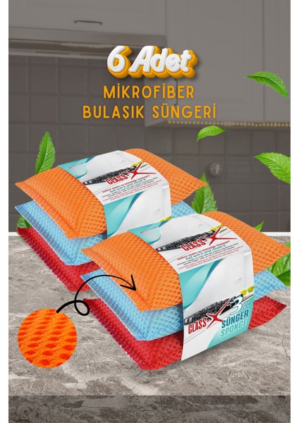 6 Adet Mikrofiber Lifli Bulaşık Süngeri – Özel Dokulu Dayanıklı Mutfak Temizlik Süngeri Seti