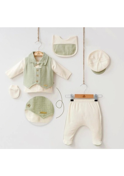 7048 Mnz Marka Yelek Detaylı Müslin Yeni Doğan Hastane Çıkışı Erkek 5'li Set