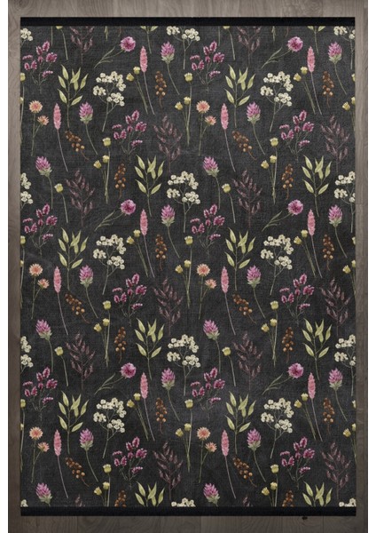 Çiçekli Siyah Pamuk Dikdörtgen Modern Desenli Pamuk Makinada Yıkanabilir Hav Toz Vermez Leke Tutmayan Kaymaz Taban Dijital Makine Baskı Salon Yolluk Mutfak Halı