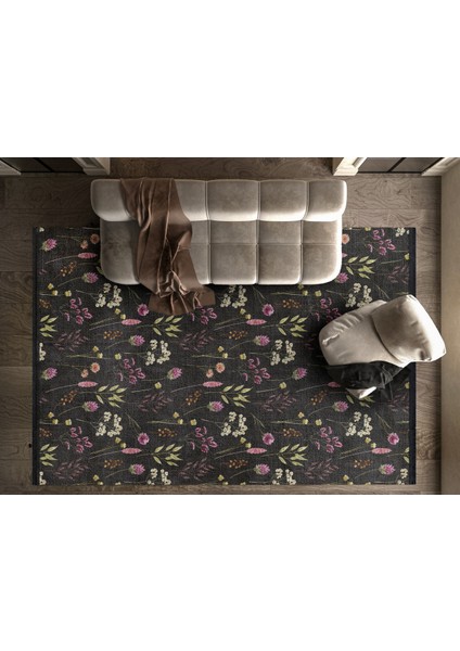 Çiçekli Siyah Pamuk Dikdörtgen Modern Desenli Pamuk Makinada Yıkanabilir Hav Toz Vermez Leke Tutmayan Kaymaz Taban Dijital Makine Baskı Salon Yolluk Mutfak Halı fiyatları
