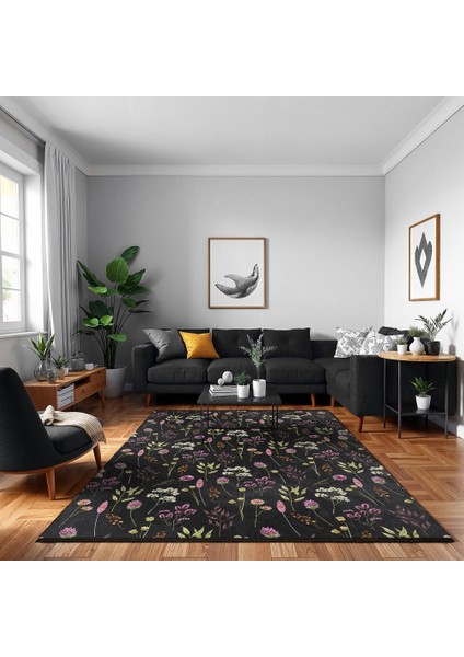 Çiçekli Siyah Pamuk Dikdörtgen Modern Desenli Pamuk Makinada Yıkanabilir Hav Toz Vermez Leke Tutmayan Kaymaz Taban Dijital Makine Baskı Salon Yolluk Mutfak Halı modelleri