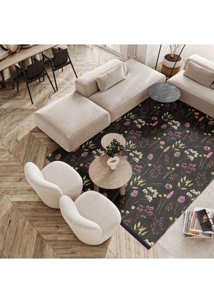 Çiçekli Siyah Pamuk Dikdörtgen Modern Desenli Pamuk Makinada Yıkanabilir Hav Toz Vermez Leke Tutmayan Kaymaz Taban Dijital Makine Baskı Salon Yolluk Mutfak Halı fırsatları