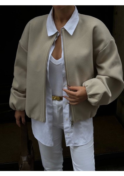 Kaşe Kaşmir Fermuarlı Ceket - Bej