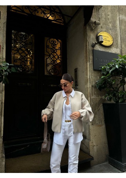 Kaşe Kaşmir Fermuarlı Ceket - Bej