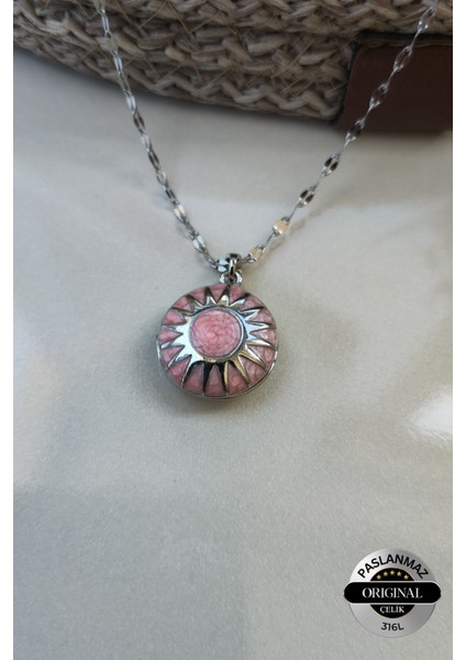 Güneş Model Pembe Mineli Açılabilir Yuvarlak Kapaklı Resimlikli Çelik Kolye