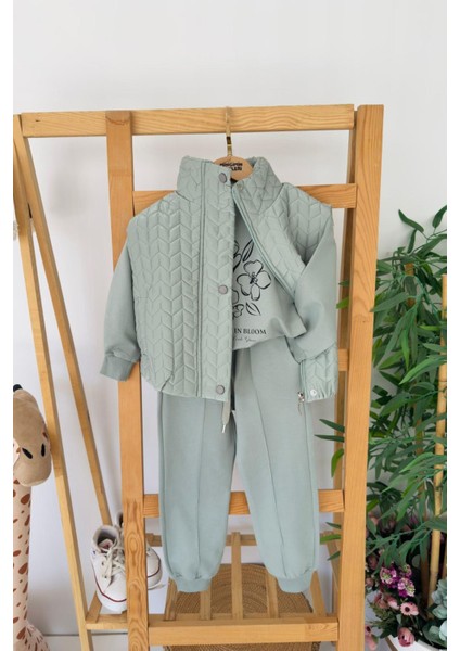 Çiçek Baskılı Desenli Yelekli Kız Çocuk 3 lü takım - Yeşil