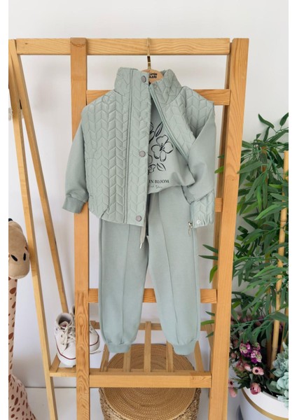 Çiçek Baskılı Desenli Yelekli Kız Çocuk 3 lü takım - Yeşil fiyatları