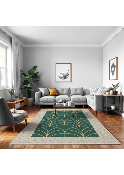 Çerçeveli Yeşil Pamuk Dikdörtgen Modern Desenli Pamuk Makinada Yıkanabilir Hav Toz Vermez Leke Tutmayan Kaymaz Taban Dijital Makine Baskı Salon Yolluk Mutfak Halı modelleri