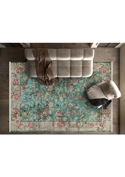 Çiçekli Yeşil Pamuk Dikdörtgen Modern Desenli Pamuk Makinada Yıkanabilir Hav Toz Vermez Leke Tutmayan Kaymaz Taban Dijital Makine Baskı Salon Yolluk Mutfak Halı fiyatları