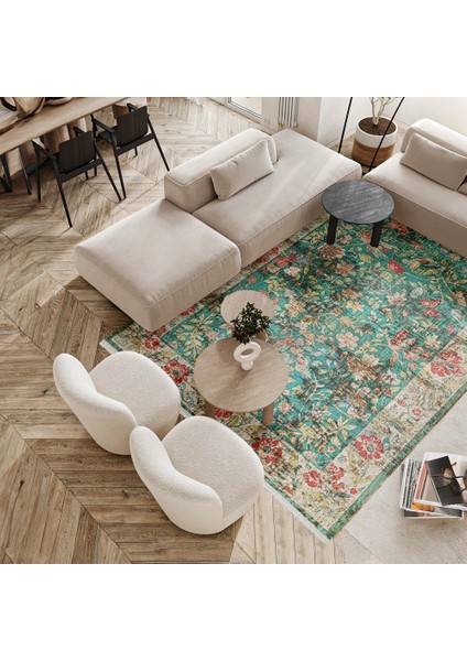 Çiçekli Yeşil Pamuk Dikdörtgen Modern Desenli Pamuk Makinada Yıkanabilir Hav Toz Vermez Leke Tutmayan Kaymaz Taban Dijital Makine Baskı Salon Yolluk Mutfak Halı modelleri