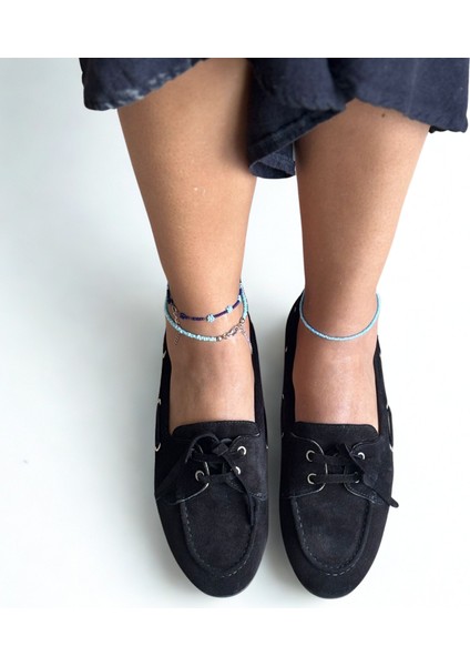 Siyah Süet Hakiki Deri Bağcıklı Makosen Kadın Kolej Loafer