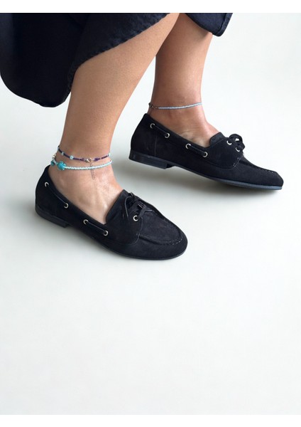 Siyah Süet Hakiki Deri Bağcıklı Makosen Kadın Kolej Loafer modelleri
