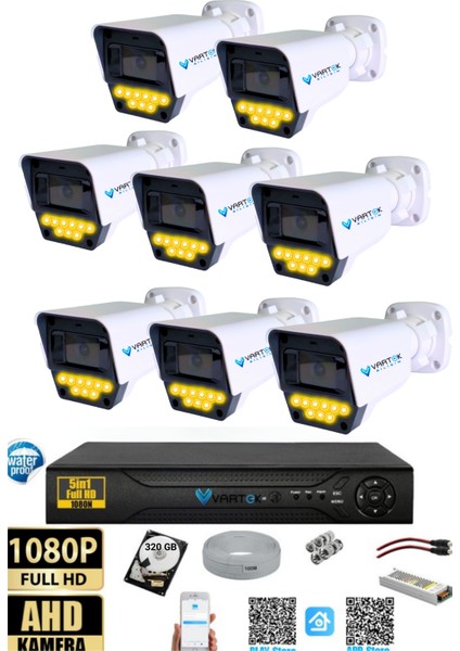 8 Kameralı Set - 320 GB Hdd, 9 LED Gece Görüşlü Full Hd Güvenlik Kamerası Sistemi