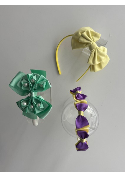 Renkli Fiyonk Detaylı Kız Çocuk Taç Seti – 3'lü Sevimli ve Şık Saç Aksesuarları