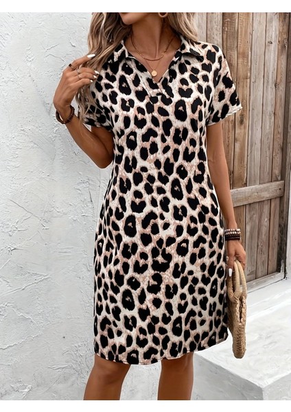 Kadın Kısa Kollu Yakalı Leopar Desenli Süprem Elbise indirimleri