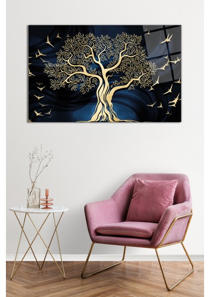 Gold Ağaç ve Kuş Illüstrasyonu Cam Tablo, Darbelere Dayanıklı Kırılmaz Cam, Hediyelik fiyatları