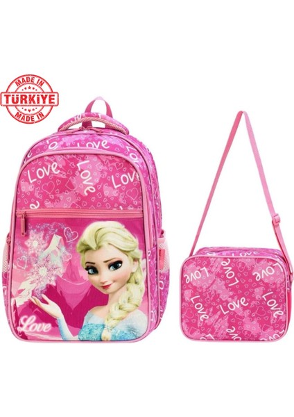 Kız Çocuk Ortopedik Sırt Destekli Pembe Ilkokul Sırt Çantası ve Beslenmeli Ilkokul Çantası