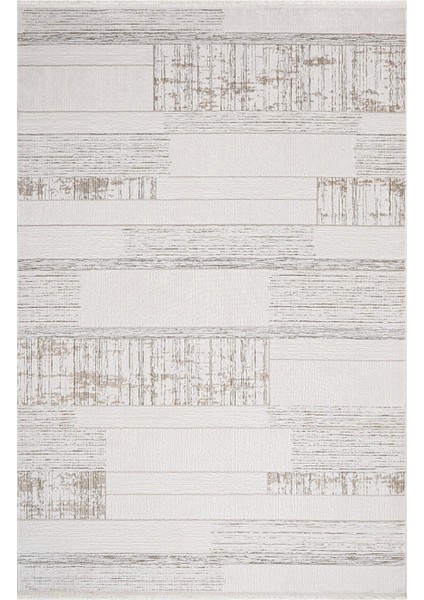 Casaye Çizgili Bej Akrilik Dikdörtgen Modern Desenli Akrilik Hav Vermeyen Leke Tutmayan Kolay Temizlenen Yumuşak Makine Salon Yolluk Mutfak Halı