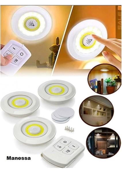 Uzaktan Kumandalı Yapışkanlı Kablosuz Pilli LED 3'lü Spot Lamba