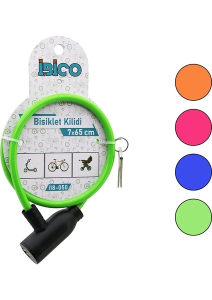Anahtarlı Eko - Ince Plastik Kafa Bisiklet Kilit Çelik Tel Renkli Kılıf 7MMX65CM