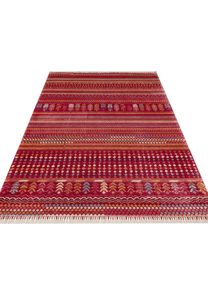 Geometrik Kırmızı Tensel Dikdörtgen Modern Desenli Akrilik Hav Vermeyen Leke Tutmayan Kolay Temizlenen Yumuşak Makine Salon Yolluk Mutfak Halı