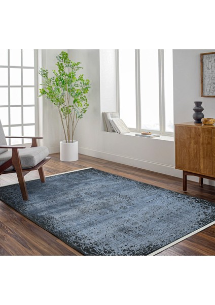 Lacivert Klasik Etnik Modern Desenli Pamuk Makinada Yıkanabilir Hav Toz Vermez Leke Tutmayan Kaymaz Taban Dijital Makine Baskı Salon Yolluk Mutfak Halı fırsatları