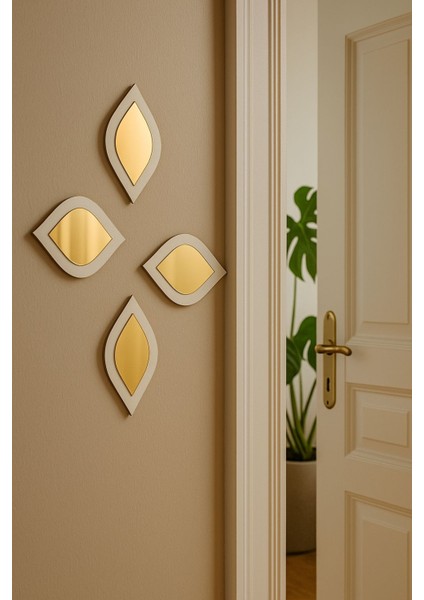 4’lü Dekoratif Yaprak Formlu Ahşaplı Ayna Seti – Modern Duvar Dekoru, Salon ve Oturma Odası Için Duvar Dekoru